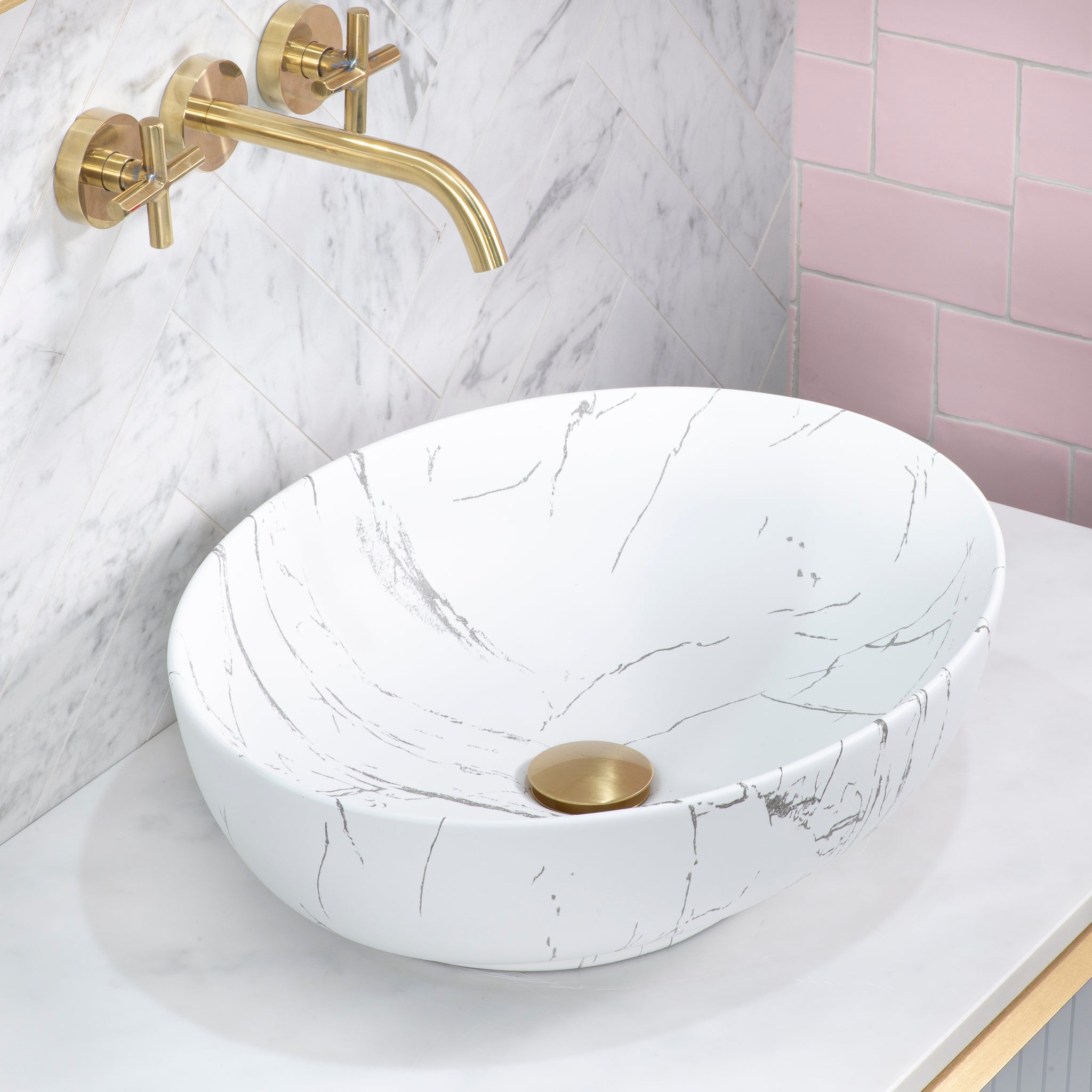 Ellipse 520mm x 395mm Above-Counter Basin, Matte Calacatta