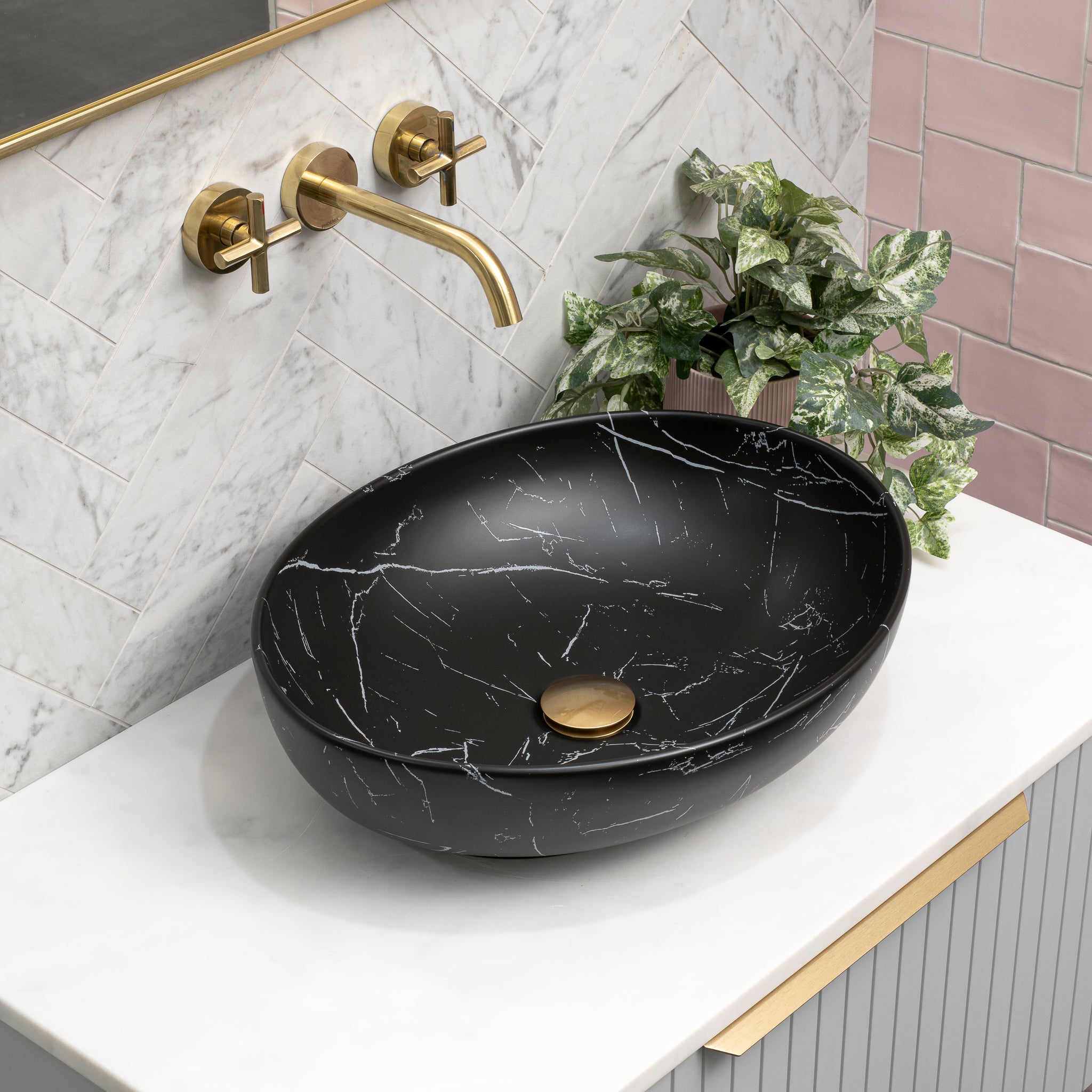 Ellipse 520mm x 395mm Above-Counter Basin, Fired Matte Nero Marquina