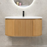 *Clearance* Apri Oval 1000mm Fluted Vanity Cabinet with Single Bowl Artificial Stone Top, Light Oak