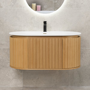 *Clearance* Apri Oval 1000mm Fluted Vanity Cabinet with Single Bowl Artificial Stone Top, Light Oak