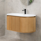 *Clearance* Apri Oval 1000mm Fluted Vanity Cabinet with Single Bowl Artificial Stone Top, Light Oak