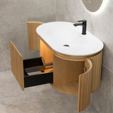 *Clearance* Apri Oval 1000mm Fluted Vanity Cabinet with Single Bowl Artificial Stone Top, Light Oak