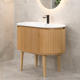*Clearance* Apri Oval 1000mm Fluted Vanity Cabinet with Single Bowl Artificial Stone Top, Light Oak