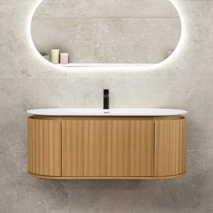 *Clearance* Apri Oval 1200mm Fluted Vanity Cabinet with Single Bowl Artificial Stone Top, Light Oak