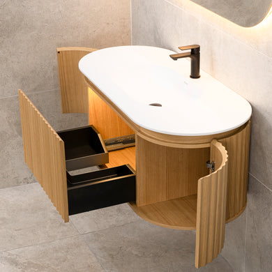 *Clearance* Apri Oval 1200mm Fluted Vanity Cabinet with Single Bowl Artificial Stone Top, Light Oak