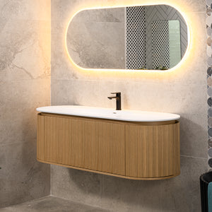 *Clearance* Apri Oval 1500mm Fluted Vanity Cabinet with Single Bowl Artificial Stone Top, Light Oak