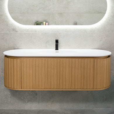*Clearance* Apri Oval 1500mm Fluted Vanity Cabinet with Single Bowl Artificial Stone Top, Light Oak