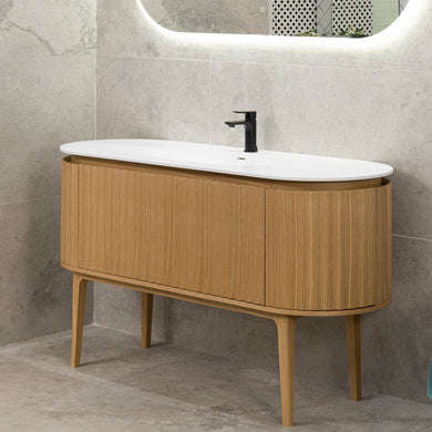 *Clearance* Apri Oval 1500mm Fluted Vanity Cabinet with Single Bowl Artificial Stone Top, Light Oak