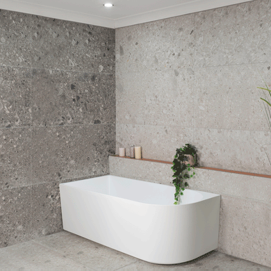 Arco 1600mm left corner bathtub in matte white, angled side view