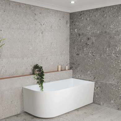 Arco 1600mm right corner bathtub in gloss white, angled side view