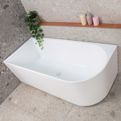 Arco 1600mm left corner bathtub in gloss white, angled top down view