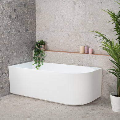 Arco 1600mm left corner bathtub in gloss white, angled front view