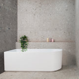 Arco 1600mm left corner bathtub in matte white, front view
