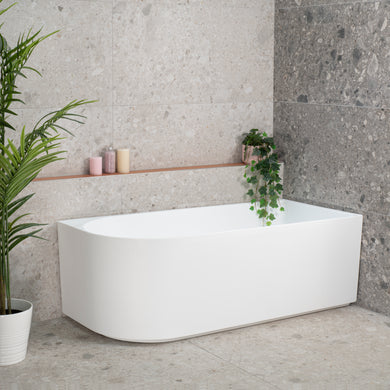 Arco 1600mm right corner bathtub in gloss white, angled front view