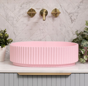 Stadio Groove 480mm Fluted Oval Artificial Stone Above-Counter Basin, Matte Pink