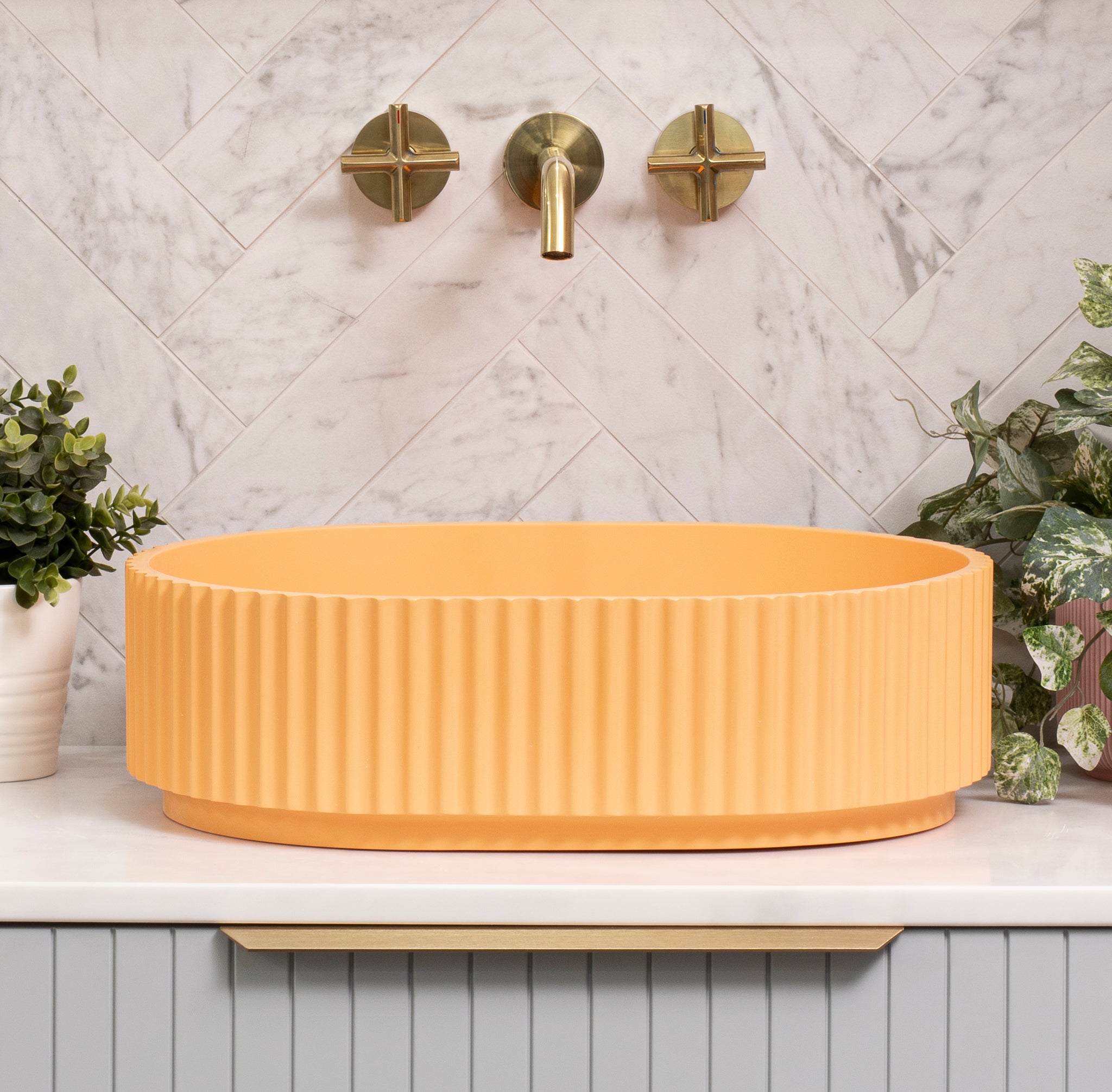 Stadio Groove 480mm Fluted Oval Artificial Stone Above-Counter Basin, Matte Golden Yellow (Orange)