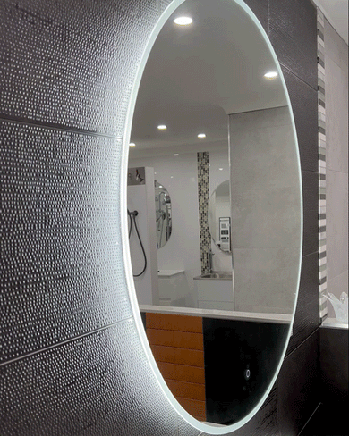 Circa Round 900mm Frontlit and Backlit LED Frameless Mirror with Frosted Glass Border and Demister