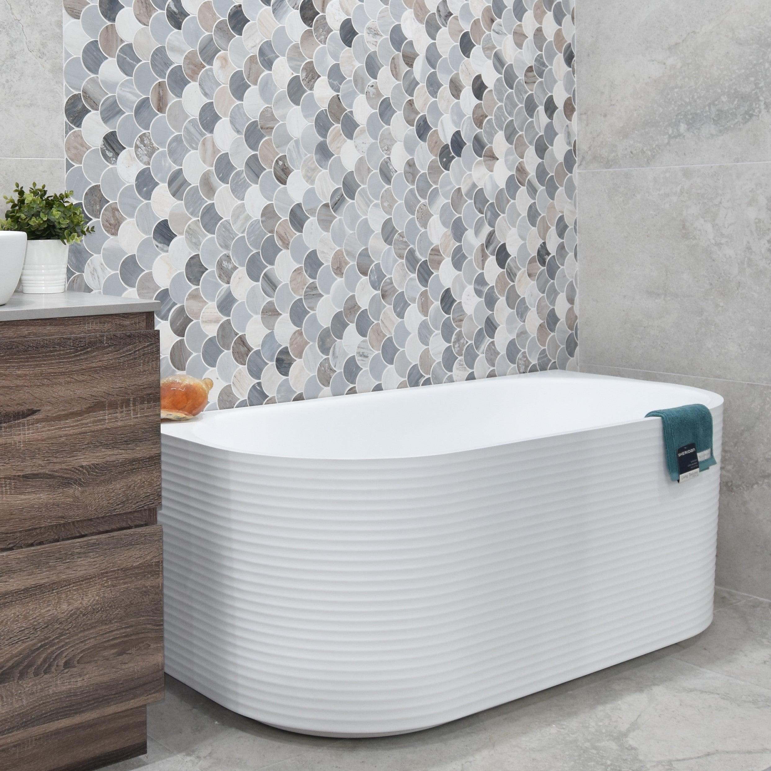 Brighton Corrugated 1500mm Ribbed Back to Wall Freestanding Bath, Gloss White