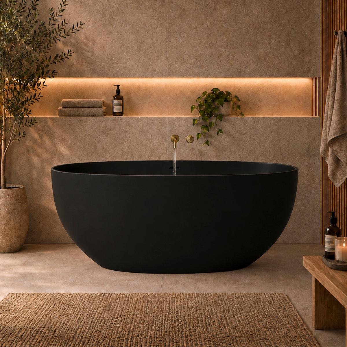 Byron Egg 1400mm Oval Artificial Stone Freestanding Bath, Matte Black