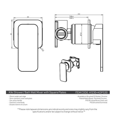Kiki Shower/ Bath Wall Mixer with Square Plates, Polished Chrome