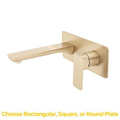 Kiki Wall Mounted Basin/ Bath Mixer with Spout and Square Plates, Brushed Brass (Gold)