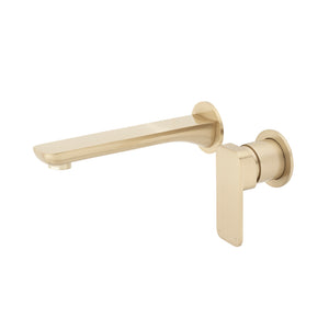 Kiki Wall Mounted Basin/ Bath Mixer with Spout and Round Plates, Brushed Brass (Gold)