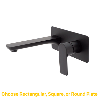 Jena Wall Mounted Basin/ Bath Mixer with Spout and Square Plates, Matte Black