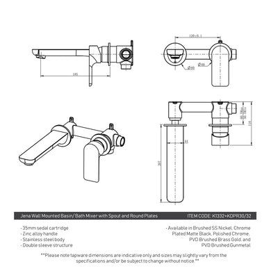 Jena Wall Mounted Basin/ Bath Mixer with Spout and Round Plates, Brushed Brass (Gold)