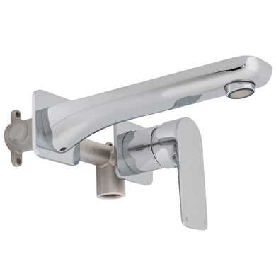 Jena Wall Mounted Basin/ Bath Mixer with Spout and Square Plates, Polished Chrome