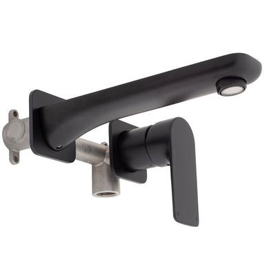 Jena Wall Mounted Basin/ Bath Mixer with Spout and Square Plates, Matte Black