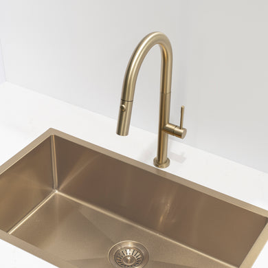 Profile Elegant Gooseneck Kitchen Sink Mixer with Pull-Out, PVD Brushed Brass Gold