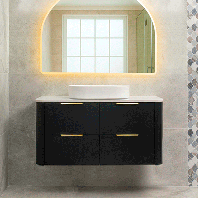 *Clearance* Tura Smooth 1200mm Curved Wall Hung Vanity Cabinet, Matte Black