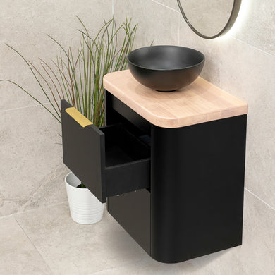 *Clearance* Tura Smooth Ensuite 600mm Curved Wall Hung Vanity Cabinet, Matte Black