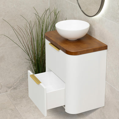 *Clearance* Tura Smooth Ensuite 600mm Curved Wall Hung Vanity Cabinet, Matte White