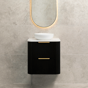 *Clearance* Tura Groove 600mm Curved Wall Hung Vanity Cabinet, Matte Black