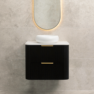 *Clearance* Tura Groove 750mm Curved Wall Hung Vanity Cabinet, Matte Black