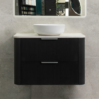 *Clearance* Tura Groove 900mm Curved Wall Hung Vanity Cabinet, Matte Black