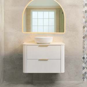 *Clearance* Tura Groove 900mm Curved Wall Hung Vanity Cabinet, Matte White