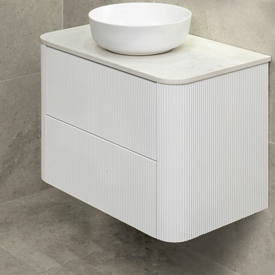 *Clearance* Tura Groove 900mm Curved Wall Hung Vanity Cabinet, Matte White