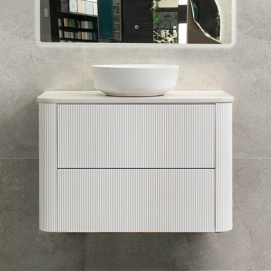 *Clearance* Tura Groove 900mm Curved Wall Hung Vanity Cabinet, Matte White