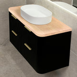 *Clearance* Tura Groove 1200mm Curved Wall Hung Vanity Cabinet, Matte Black