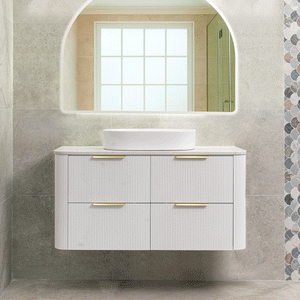 *Clearance* Tura Groove 1200mm Curved Wall Hung Vanity Cabinet, Matte White