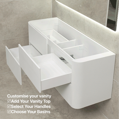 *Clearance* Tura Groove 1500mm Curved Wall Hung Vanity Cabinet, Matte White