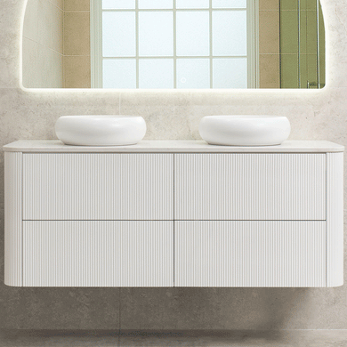 *Clearance* Tura Groove 1500mm Curved Wall Hung Vanity Cabinet, Matte White