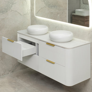 *Clearance* Tura Groove 1500mm Curved Wall Hung Vanity Cabinet, Matte White