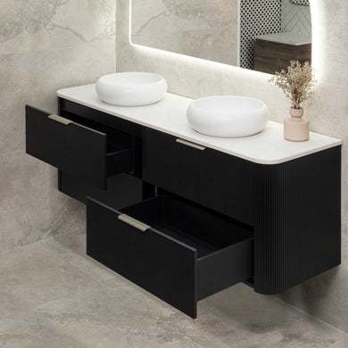 *Clearance* Tura Groove 1800mm Curved Wall Hung Vanity Cabinet, Matte Black