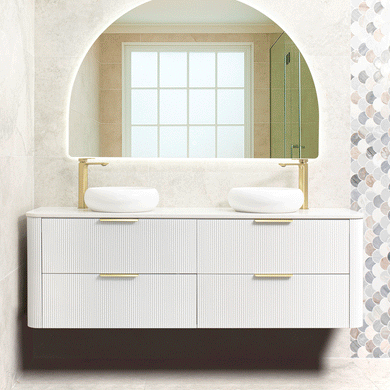 *Clearance* Tura Groove 1800mm Curved Wall Hung Vanity Cabinet, Matte White
