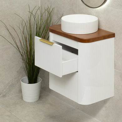 *Clearance* Tura Groove Ensuite 600mm Curved Wall Hung Vanity Cabinet, Matte White