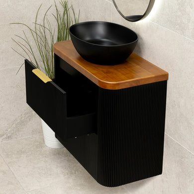 *Clearance* Tura Groove Ensuite 750mm Curved Wall Hung Vanity Cabinet, Matte Black