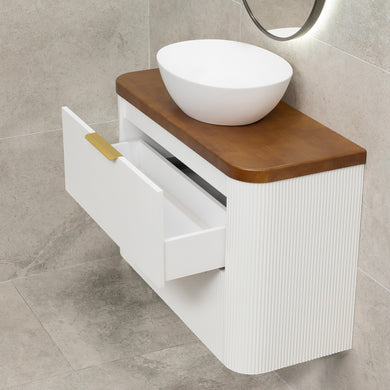 *Clearance* Tura Groove Ensuite 900mm Curved Wall Hung Vanity Cabinet, Matte White